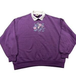Vintage Morning Sun Sweatshirt Womens XL Purple Floral Mouse Collared Fleece